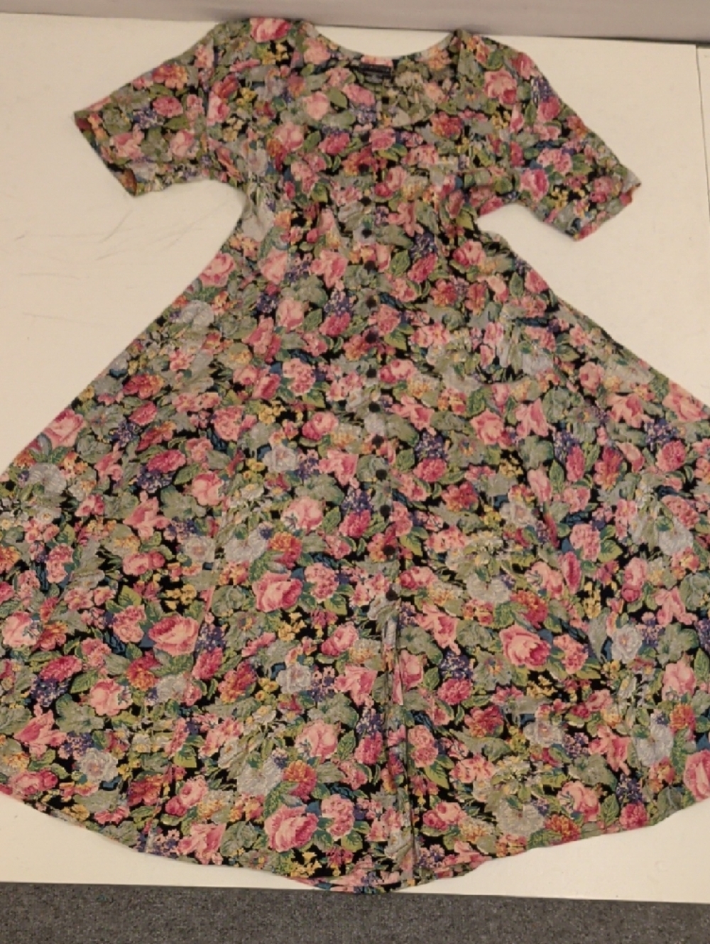 Floral Scoop Neck Midi Dress Pink Floral Vintage Starina Lace Up Back Button Frt - Picture 9 of 11